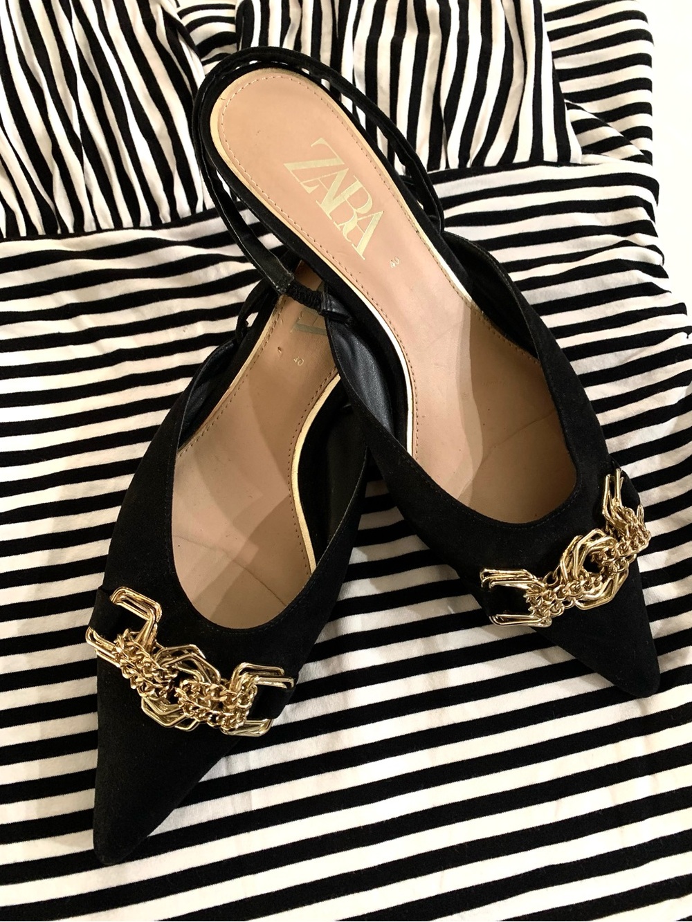Zara Black Slingback Kitten Heels with Gold Chain Accent- 9